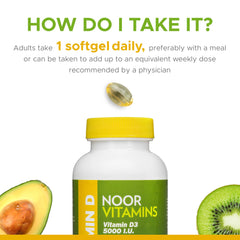 Noor D3 dosing option shows daily or weekly flexibility.
