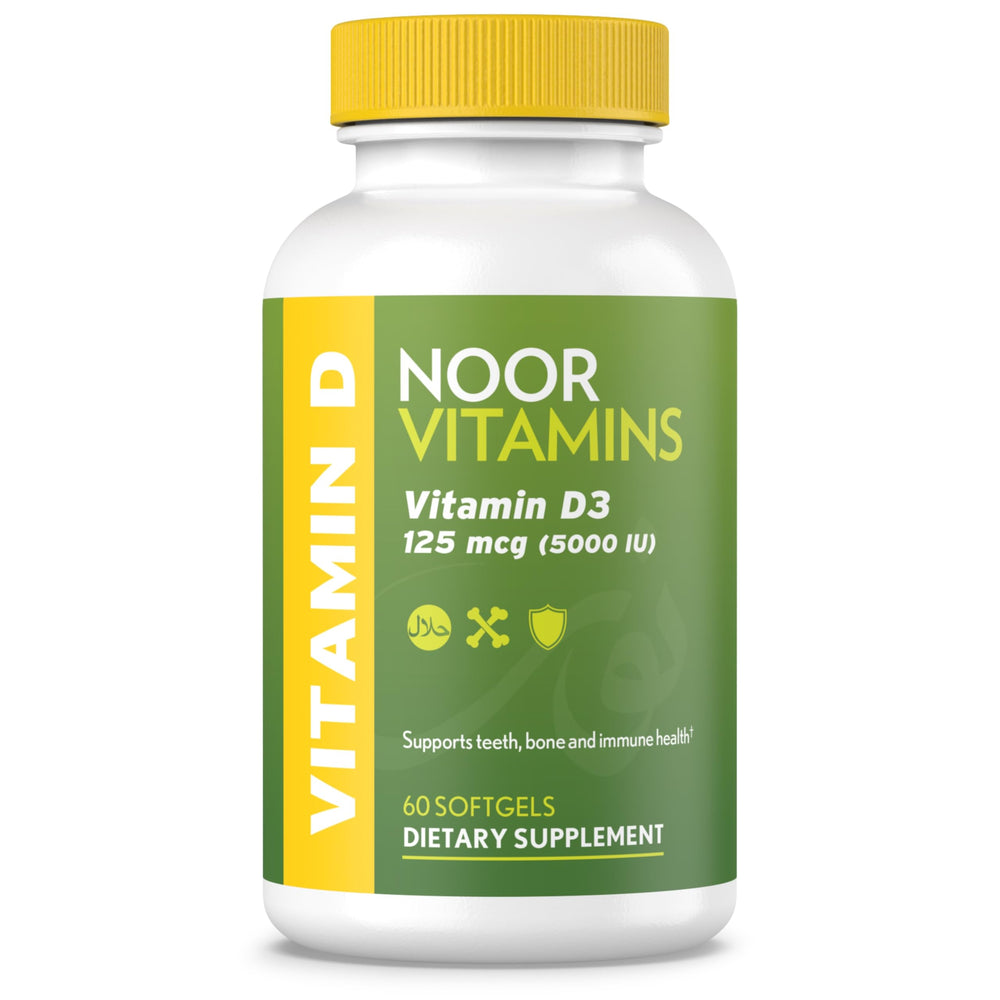 Noor Vitamins D3 softgel bottle supports bone health.