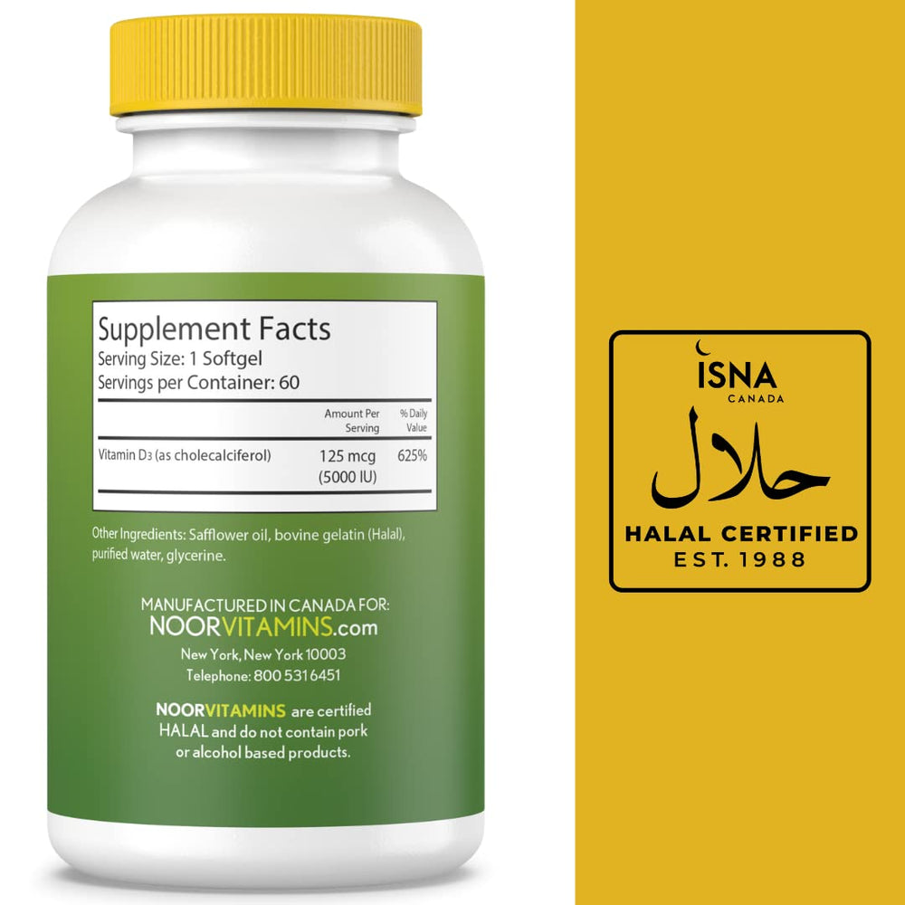 Noor Vitamins D3 softgel label shows 5000 IU.