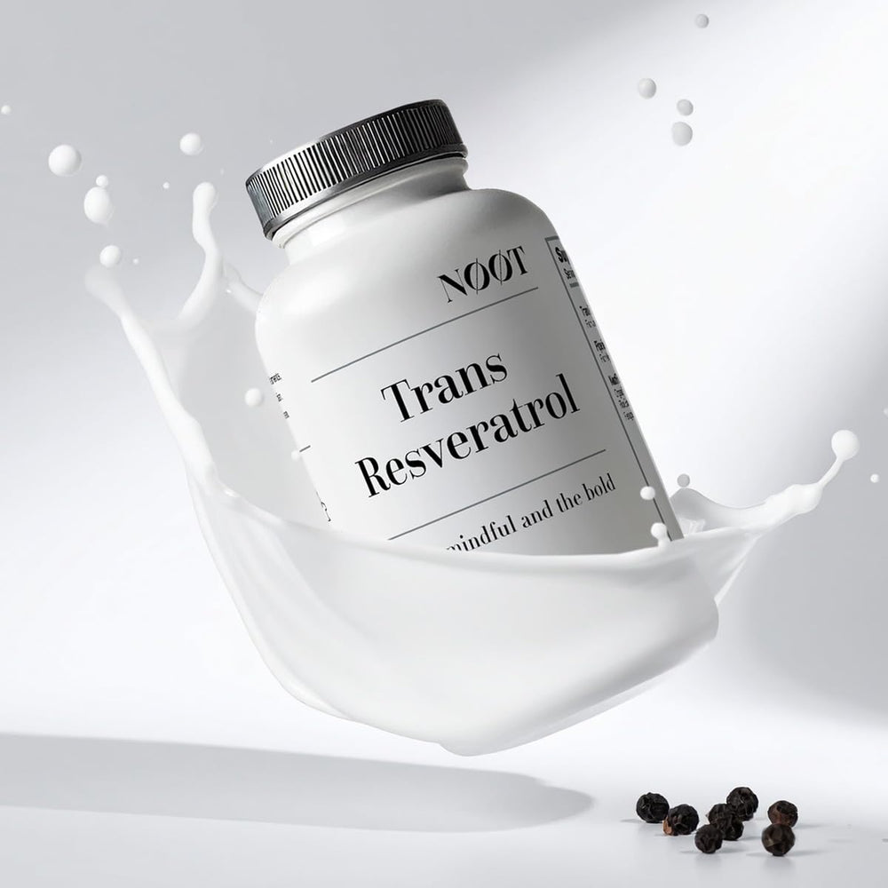 NOOT Trans Resveratrol bottle pour for easy daily intake.