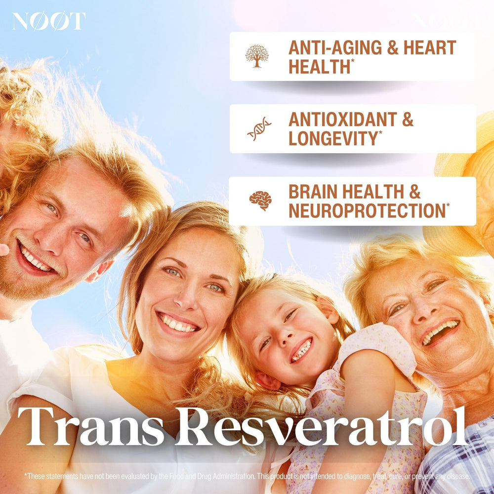 NOOT Trans Resveratrol capsules close-up highlighting pure, high-purity antioxidant capsules.