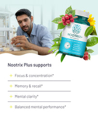 Nootrix Brain Plus capsules close-up showing daily supplement for focus and memory support.
