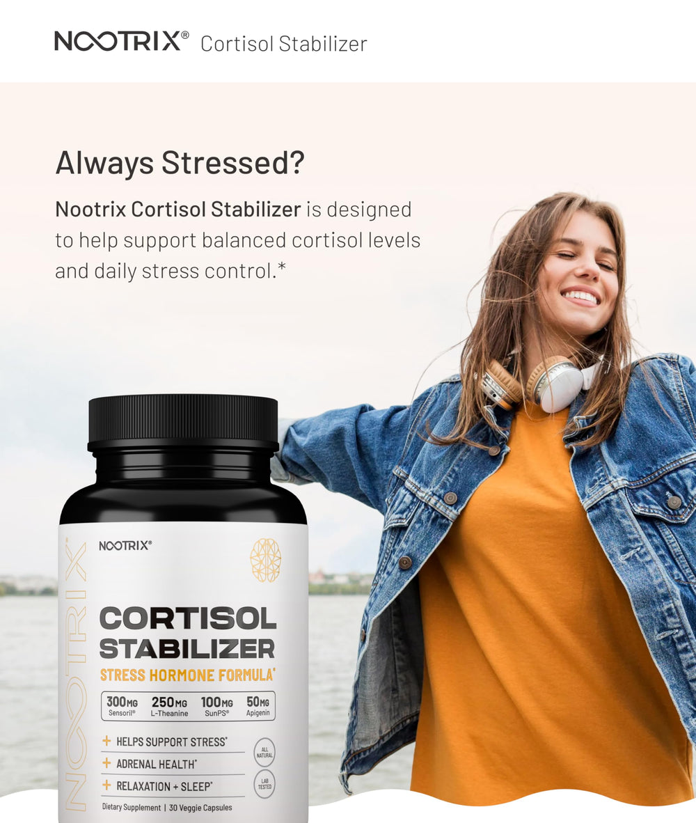 Nootrix Cortisol Manager pills close-up highlights relaxation and focus formula.