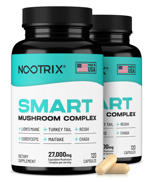 Nootrix Smart Mushrooms bottle label highlights cognitive and immune-support formula.