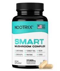 Nootrix Smart Mushrooms Complex bottle label shows the six-mushroom blend and organic promise.