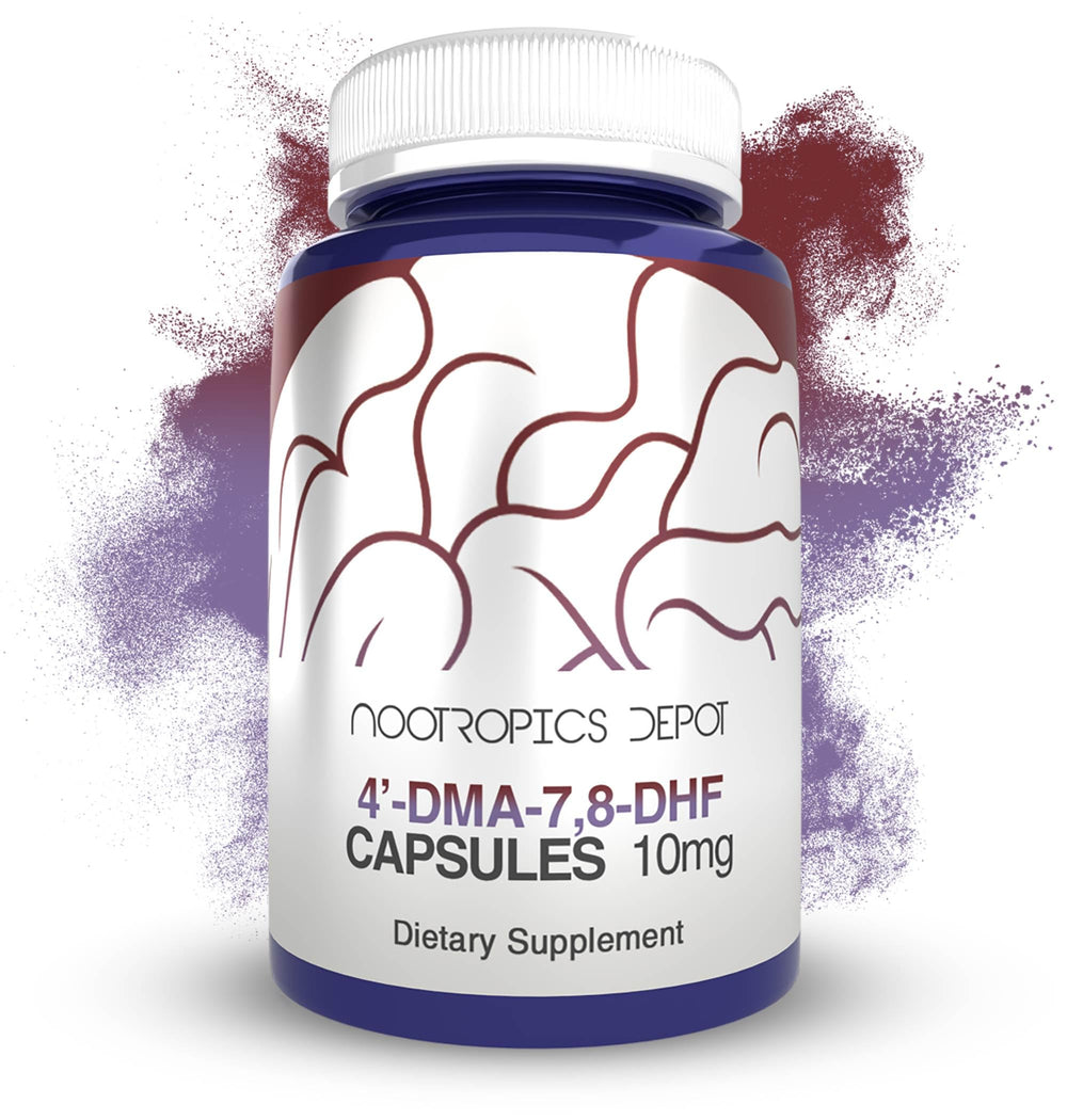 Nootropics Depot 4’-DMA-7,8-DHF capsules label shows 10 mg per serving.