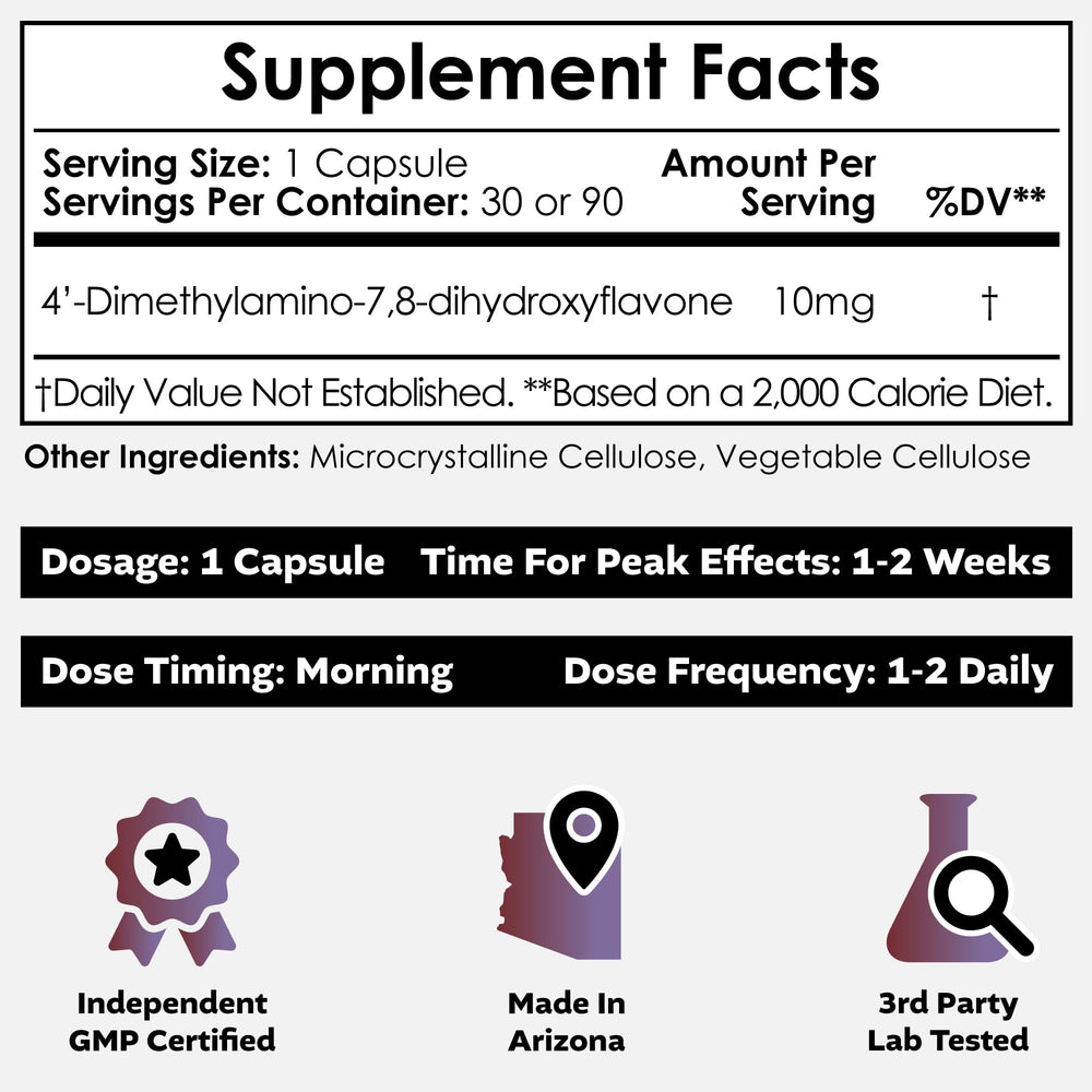 Nootropics Depot 4’-DMA-7,8-DHF packshot highlights a 90-count bottle.