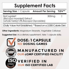 BaCognize bottle label close-up highlighting 300 mg Bacopa per capsule.