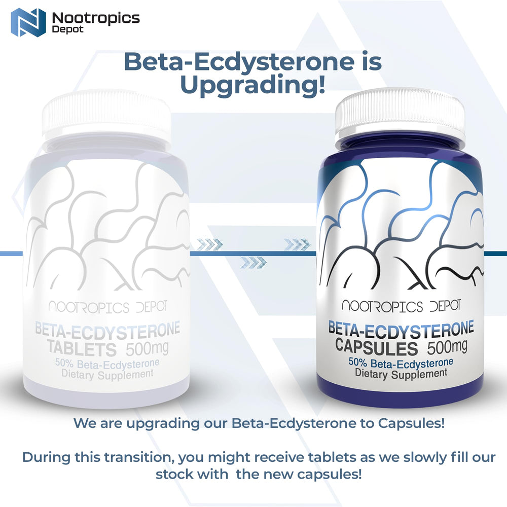 Nootropics Depot bottle front displaying Beta Ecdysterone 50% tablets and 90-count supply.
