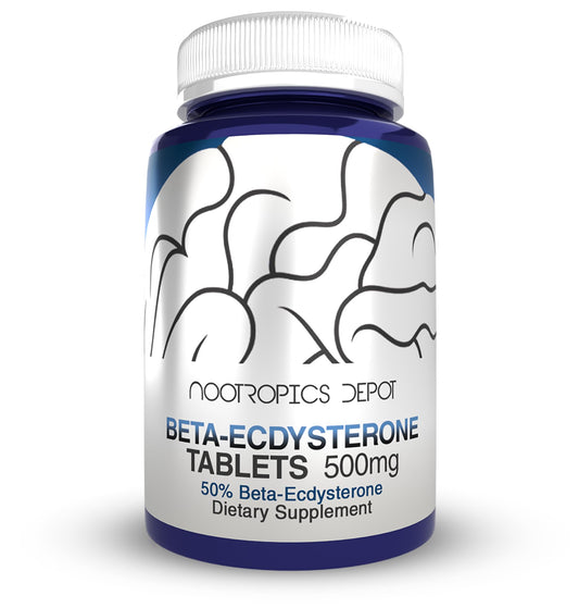 Nootropics Depot beta-ecdysterone tablets with 50% extract and 500mg, ready for strength-focused routines.