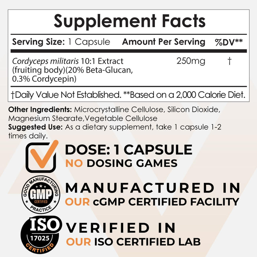Nootropics Depot Cordyceps capsules pouring from bottle, easy daily supplementation