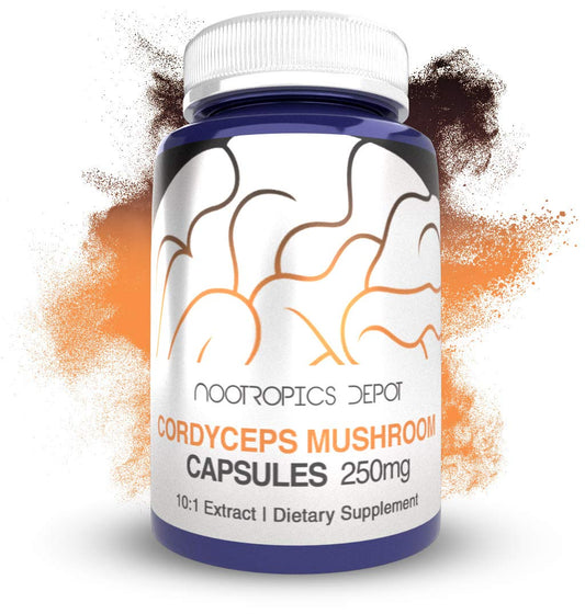 Nootropics Depot Cordyceps capsules jar front view highlighting 10:1 extract for daily focus