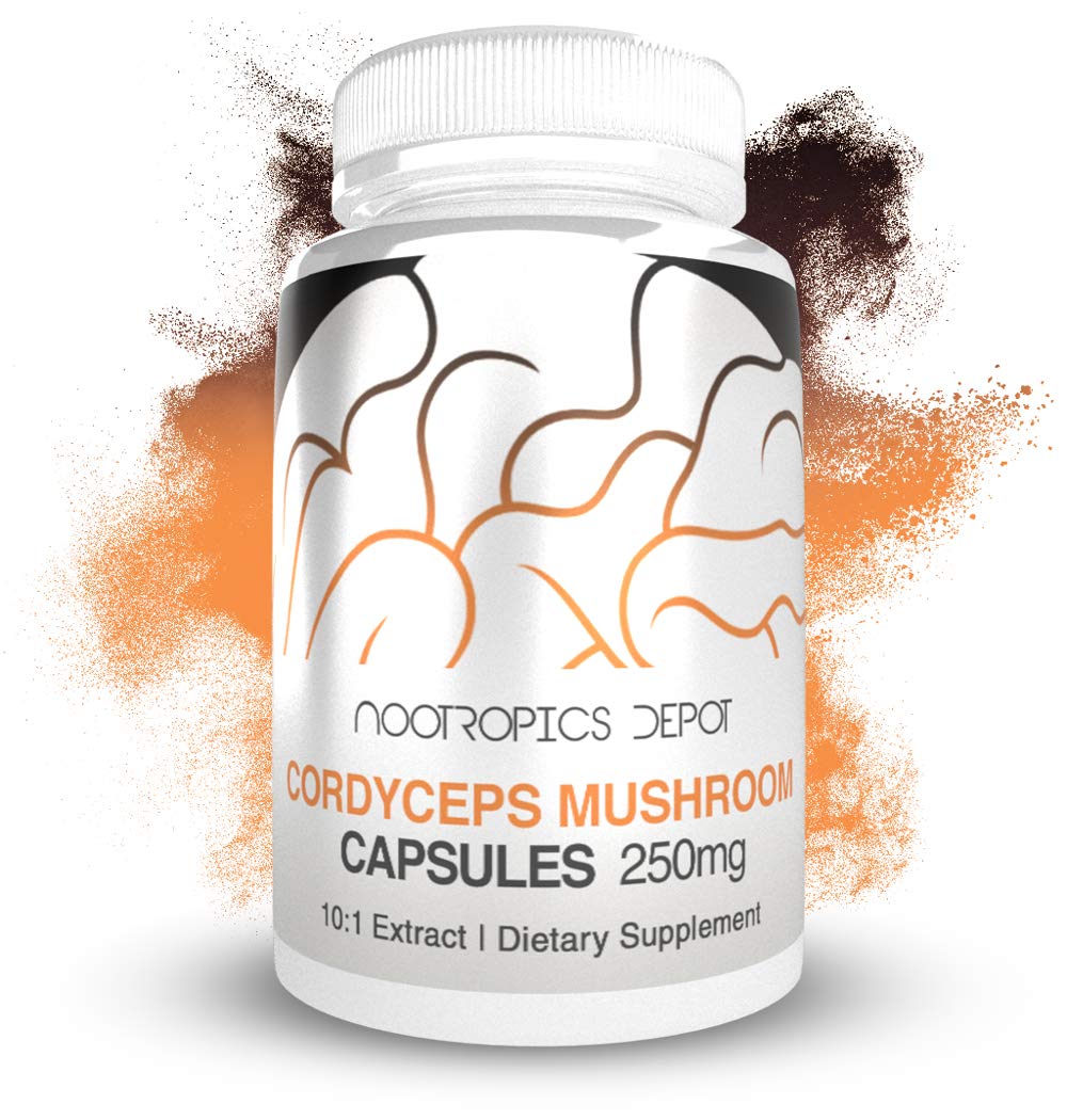 Nootropics Depot Cordyceps capsules close-up with label visible emphasizing 250mg dose