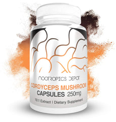 Nootropics Depot Cordyceps capsules close-up with label visible emphasizing 250mg dose