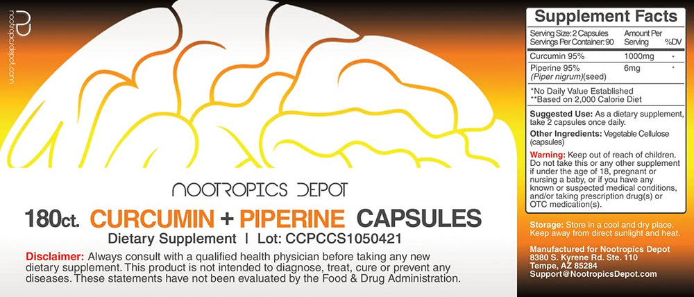 Capsules close-up from Nootropics Depot Curcumin + Piperine show absorption-enhancing formula
