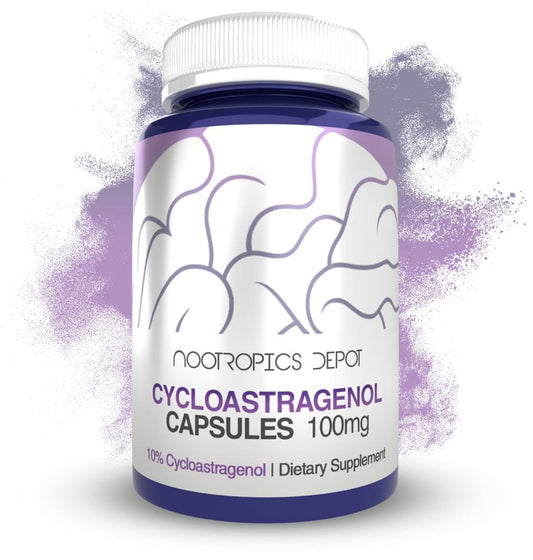 Nootropics Depot Cycloastragenol 10% capsules bottle front suggesting daily cognitive support