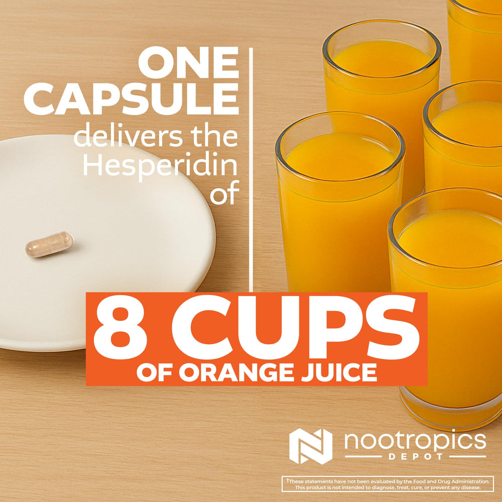 Nootropics Depot hesperidin capsules bottle with water suggesting easy daily intake routine.