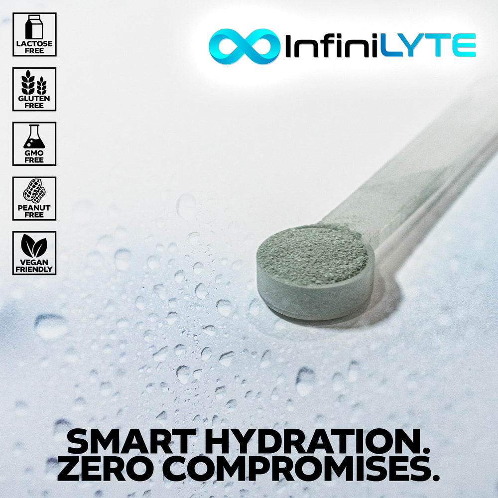 InfiniLYTE scoop resting on jar implies precise dosing for endurance support.