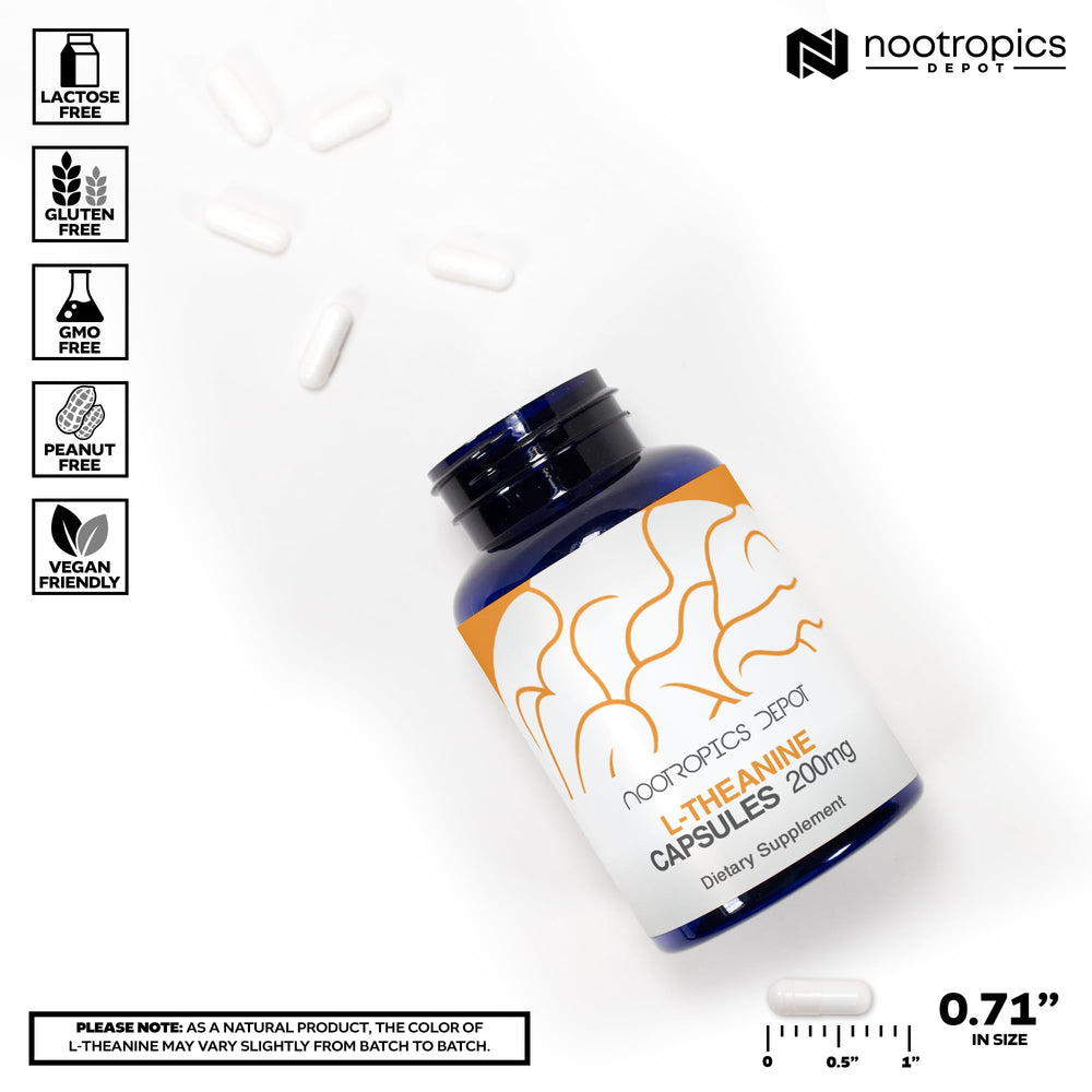 Nootropics Depot L-Theanine capsules inside bottle for daily use.