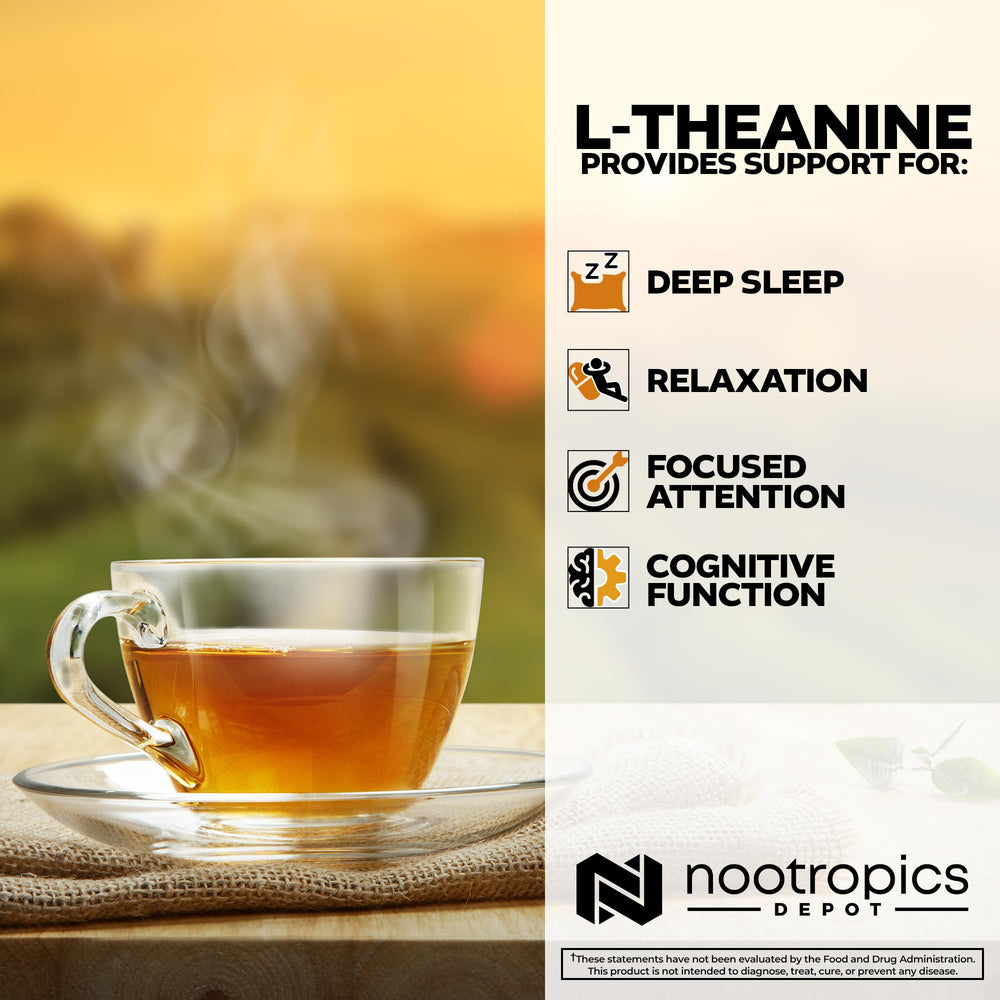 Nootropics Depot L-Theanine capsules pouring, ready for easy intake.