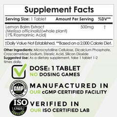 Nootropics Depot Lemon Balm Extract label close-up highlights 500 mg potency.