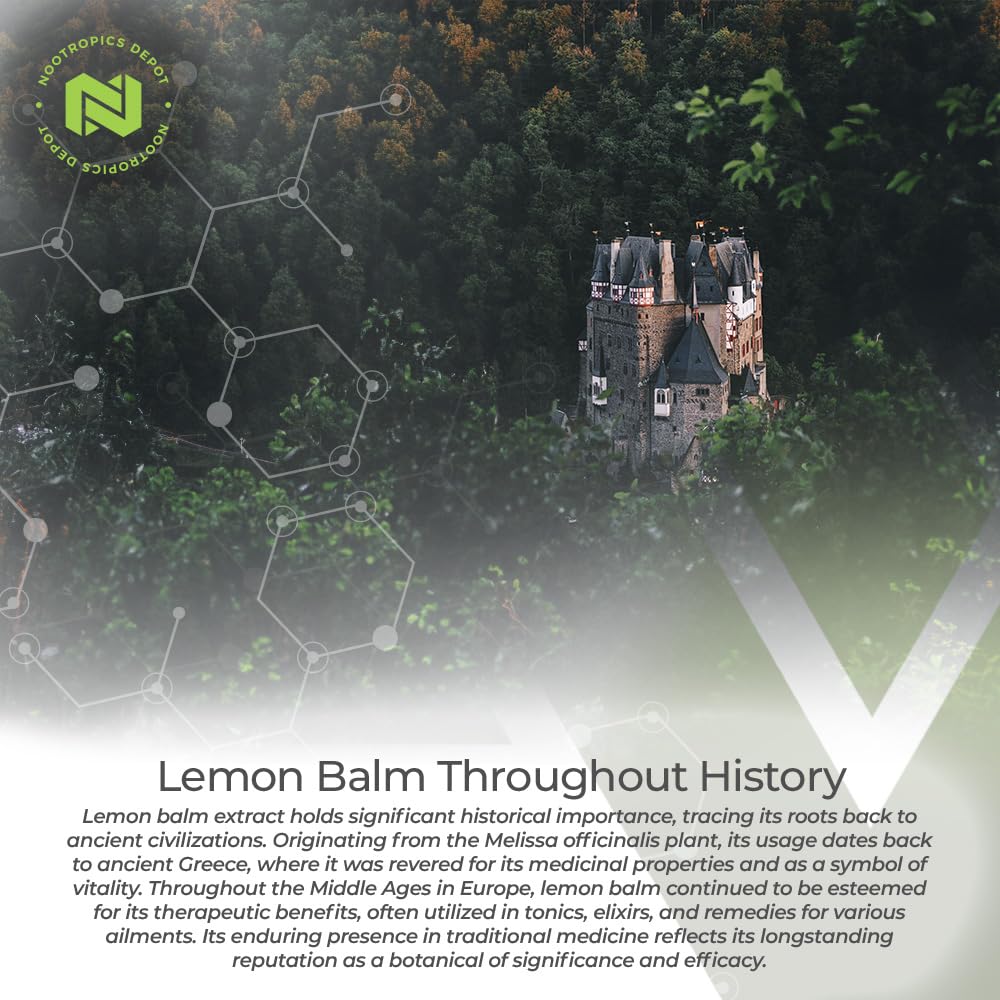 Nootropics Depot Lemon Balm Extract Tablets being poured into a glass suggests easy daily intake.