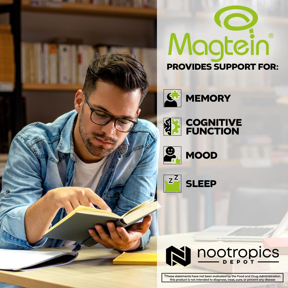 Label design of Nootropics Depot Magtein highlighting MIT-developed formula