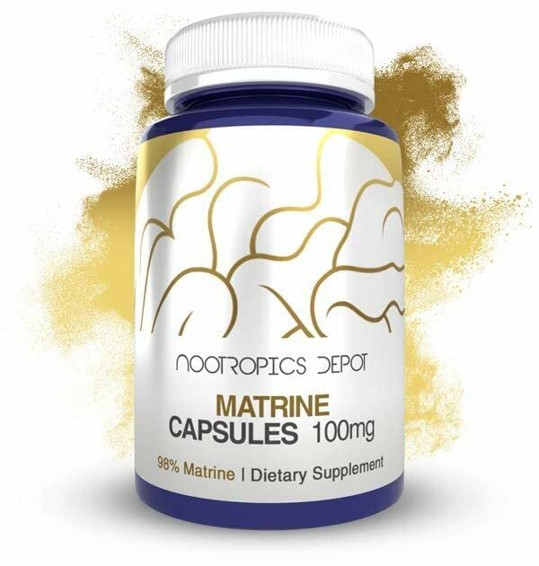Nootropics Depot matrine capsules label shows 100 mg matrine for mood support.