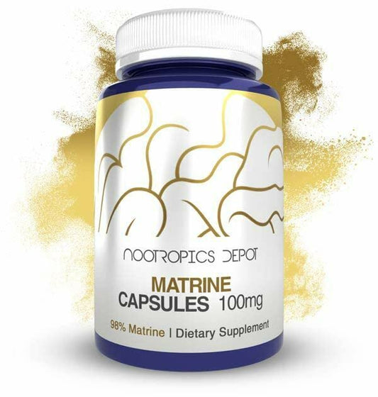 Nootropics Depot matrine capsules label shows 100 mg matrine for mood support.