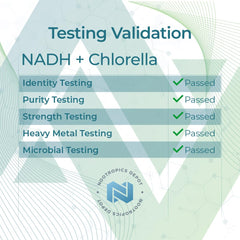 Nootropics Depot NADH chlorella bottle close up highlighting 20 mg NADH.