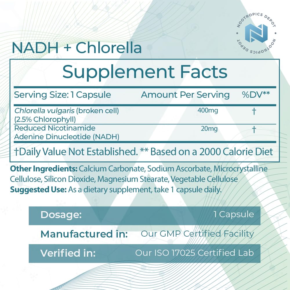 Nootropics Depot NADH chlorella bottle label highlights stability and clean ingredients.