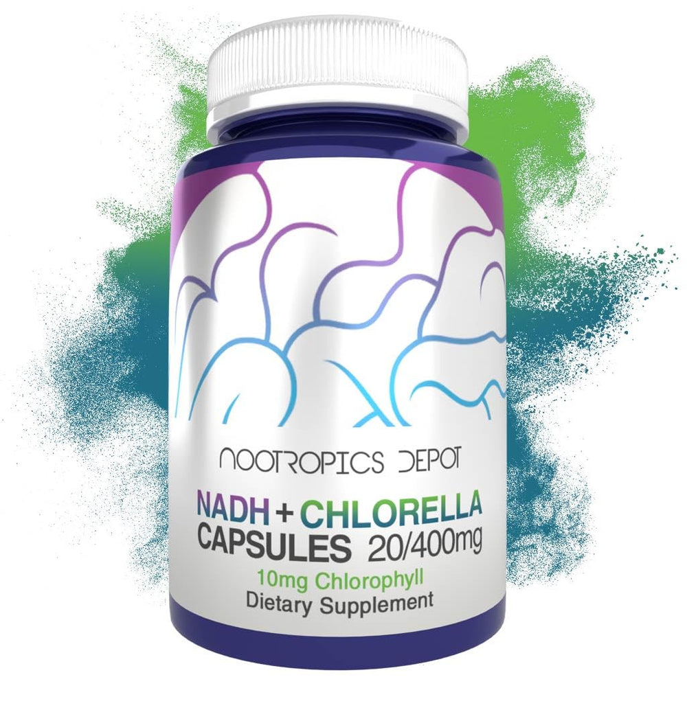 Nootropics Depot NADH Chlorella broken-cell capsules pack shot for energy support.