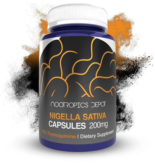 Nootropics Depot Nigella Sativa bottle and capsules for daily cognitive support