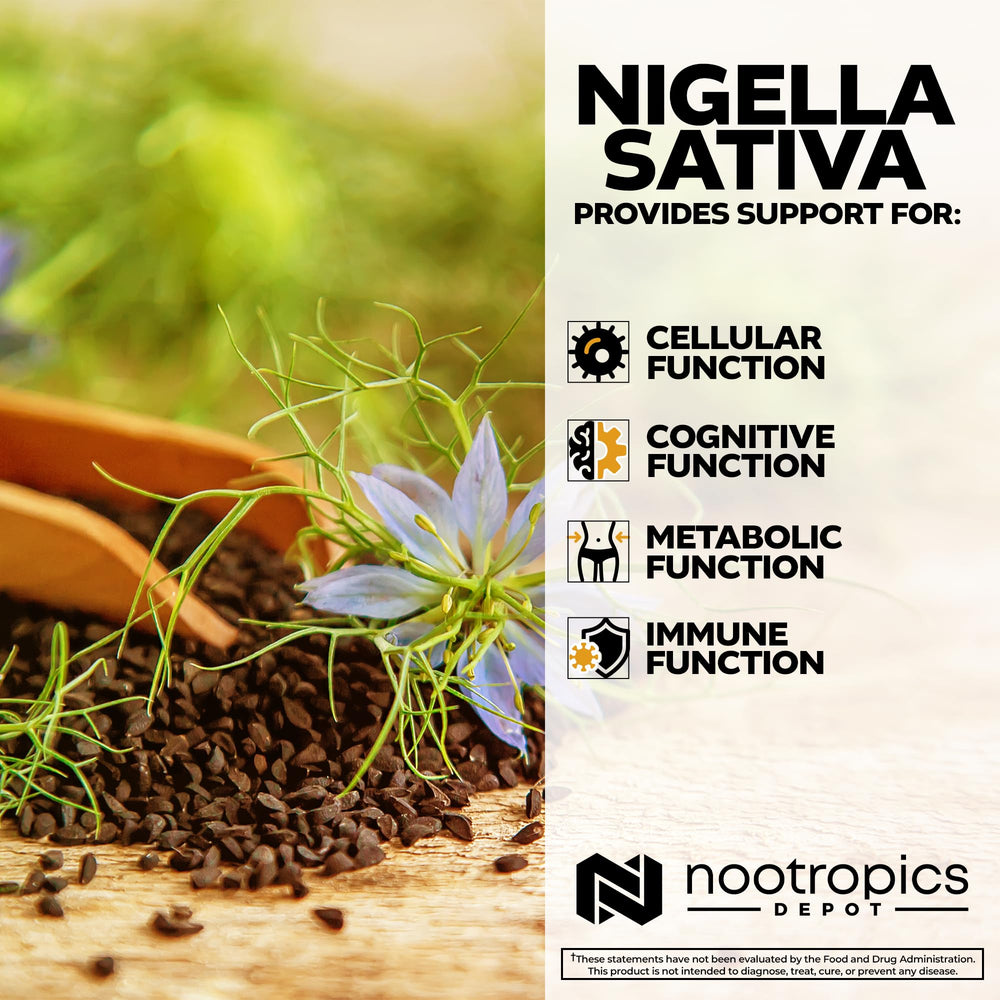 Nootropics Depot Nigella Sativa capsules on shelf highlighting lab-tested quality for reliability