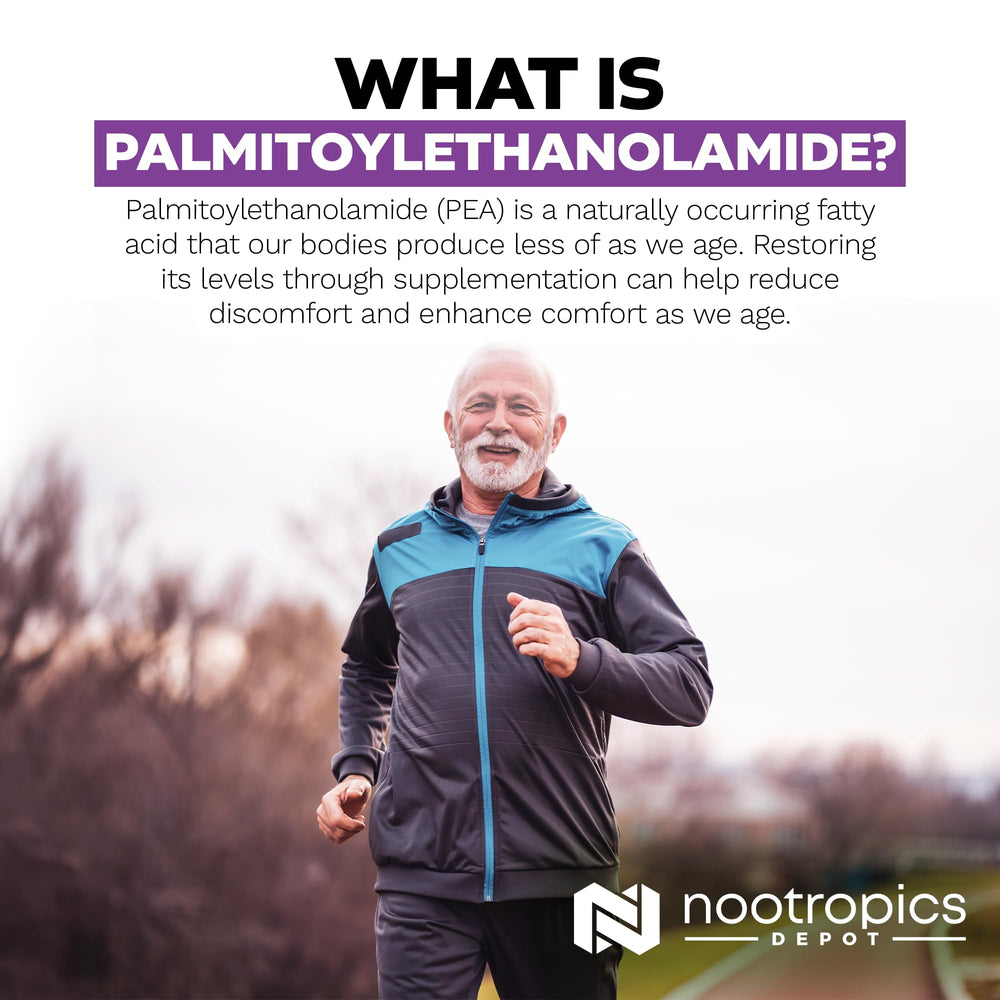 Nootropics Depot Palmitoylethanolamide packaging shot, product design on display