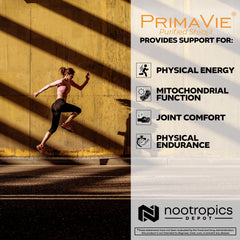 Nootropics Depot PrimaVie Shilajit capsules packaging view emphasizing 90-count purity.
