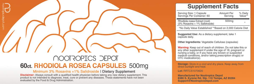 Nootropics Depot Rhodiola capsules close-up of bottle for quality and potency