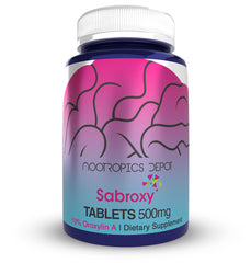 Nootropics Depot Sabroxy tablets bottle front promotes focus and motivation.