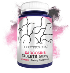 Nootropics Depot Sarcosine tablets bottle, 240-count, ideal for daily use and cognitive support potential.