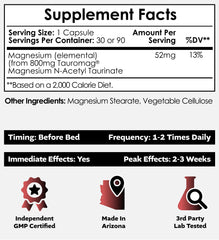 Nootropics Depot Tauromag bottle back shows ingredients and magnesium for support.