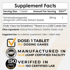 Closeup of Tetrahydromagnolol tablet highlighting 20 mg dosage and format