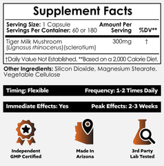 Nootropics Depot Tiger Milk Mushroom capsules closeup highlighting 300 mg dosage for focused use.