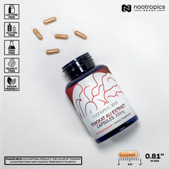 Nootropics Depot Tongkat Ali bottle label displaying standardized extracts and dosage information.
