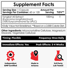 Nootropics Depot Tongkat Ali capsule label highlights eurycomanone content.