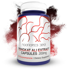 Nootropics Depot Tongkat Ali extract capsules close-up showing 200 mg potency for energy.