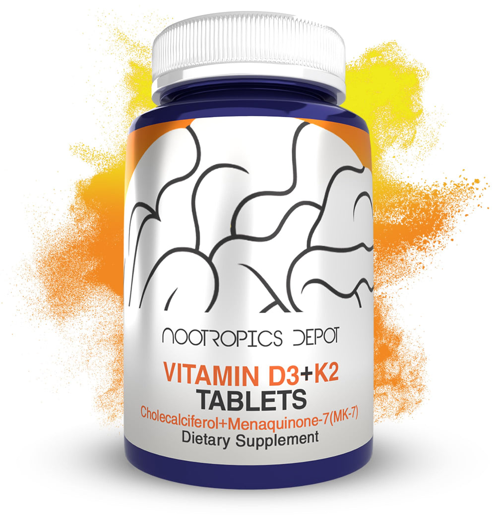 Nootropics Depot vitamin d3-k2 capsules bottle; convenient year-long supply for daily wellness