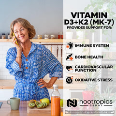 Nootropics Depot vitamin d3-k2 tablets on foil pack; convenient daily intake in a year supply