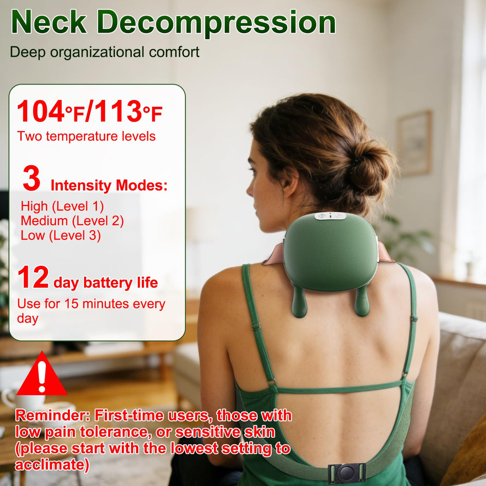 Nooydio neck massager heat zones show soothing warmth for neck and shoulders.