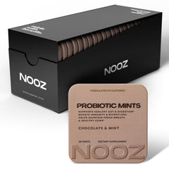 NOOZ Probiotic Mints chocolate-tin for on-the-go gut and oral health.