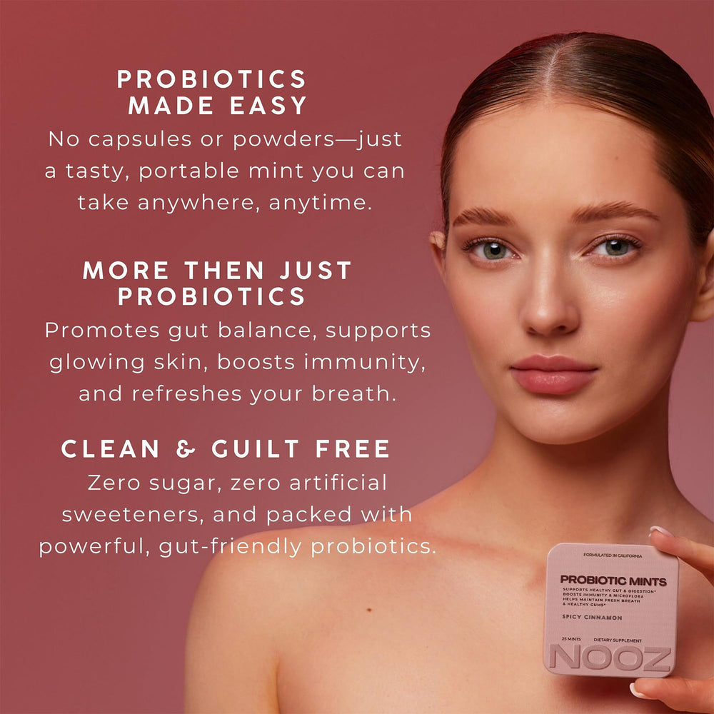NOOZ Probiotic Mints digestive balance image hints at gut-friendly probiotic benefits.